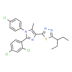 ChemSpider 2D Image | 2-[1-(4-Chlorophenyl)-2-(2,4-dichlorophenyl)-5-methyl-1H-imidazol-4-yl]-5-(3-pentanyl)-1,3,4-thiadiazole | C23H21Cl3N4S