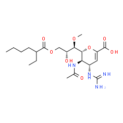 ChemSpider 2D Image | (6R)-5-Acetamido-2,6-anhydro-4-carbamimidamido-3,4,5-trideoxy-6-{(1R,2R)-3-[(2-ethylhexanoyl)oxy]-2-hydroxy-1-methoxypropyl}-L-threo-hex-2-enonic acid | C21H36N4O8