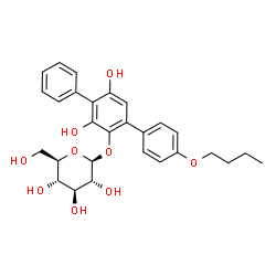 ChemSpider 2D Image | 4-Butoxy-3',5'-dihydroxy-1,1':4',1''-terphenyl-2'-yl beta-D-glucopyranoside | C28H32O9