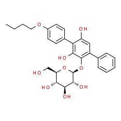 ChemSpider 2D Image | 4''-Butoxy-3',5'-dihydroxy-1,1':4',1''-terphenyl-2'-yl beta-D-glucopyranoside | C28H32O9