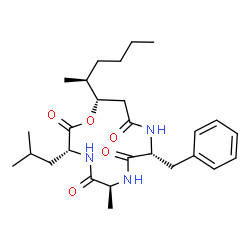 ChemSpider 2D Image | (3R,6S,9R,13S)-9-Benzyl-13-[(2S)-2-hexanyl]-3-isobutyl-6-methyl-1-oxa-4,7,10-triazacyclotridecane-2,5,8,11-tetrone | C27H41N3O5