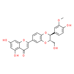 ChemSpider 2D Image | 5,7-Dihydroxy-2-[(2S,3S)-2-(4-hydroxy-3-methoxyphenyl)-3-(hydroxymethyl)-2,3-dihydro-1,4-benzodioxin-6-yl]-4H-chromen-4-one | C25H20O9
