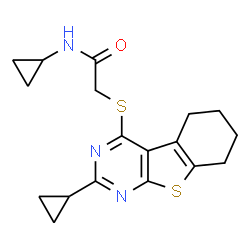 ChemSpider 2D Image | N-Cyclopropyl-2-[(2-cyclopropyl-5,6,7,8-tetrahydro[1]benzothieno[2,3-d]pyrimidin-4-yl)sulfanyl]acetamide | C18H21N3OS2