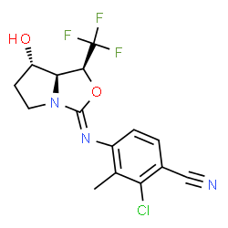ChemSpider 2D Image | 2-Chloro-4-{(Z)-[(1S,7S,7aS)-7-hydroxy-1-(trifluoromethyl)tetrahydro-1H-pyrrolo[1,2-c][1,3]oxazol-3-ylidene]amino}-3-methylbenzonitrile | C15H13ClF3N3O2
