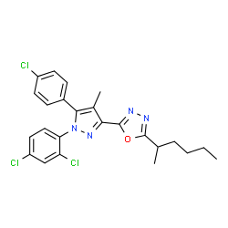 ChemSpider 2D Image | 2-[5-(4-Chlorophenyl)-1-(2,4-dichlorophenyl)-4-methyl-1H-pyrazol-3-yl]-5-(2-hexanyl)-1,3,4-oxadiazole | C24H23Cl3N4O