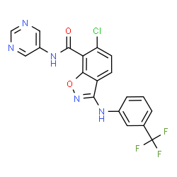 ChemSpider 2D Image | 6-Chloro-N-(5-pyrimidinyl)-3-{[3-(trifluoromethyl)phenyl]amino}-1,2-benzoxazole-7-carboxamide | C19H11ClF3N5O2