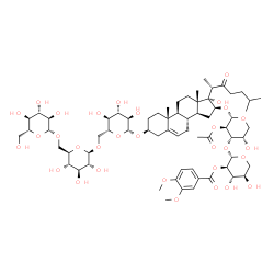 ChemSpider 2D Image | (3beta,16beta)-16-({2-O-Acetyl-3-O-[2-O-(3,4-dimethoxybenzoyl)-beta-D-xylopyranosyl]-alpha-L-arabinopyranosyl}oxy)-17-hydroxy-22-oxocholest-5-en-3-yl beta-D-glucopyranosyl-(1->6)-beta-D-glucopyranosyl
-(1->6)-beta-D-glucopyranoside | C66H100O31