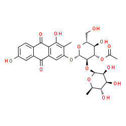 ChemSpider 2D Image | 4,7-Dihydroxy-3-methyl-9,10-dioxo-9,10-dihydro-2-anthracenyl 3-O-acetyl-2-O-(6-deoxy-beta-D-mannopyranosyl)-beta-D-glucopyranoside | C29H32O15