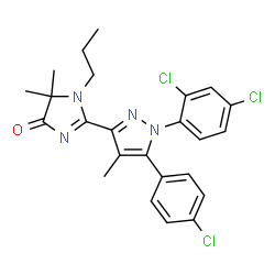 ChemSpider 2D Image | 2-[5-(4-Chlorophenyl)-1-(2,4-dichlorophenyl)-4-methyl-1H-pyrazol-3-yl]-5,5-dimethyl-1-propyl-1,5-dihydro-4H-imidazol-4-one | C24H23Cl3N4O
