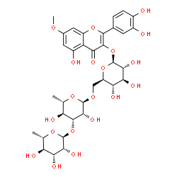 ChemSpider 2D Image | 2-(3,4-Dihydroxyphenyl)-5-hydroxy-7-methoxy-4-oxo-4H-chromen-3-yl 6-deoxy-alpha-L-mannopyranosyl-(1->3)-6-deoxy-alpha-L-mannopyranosyl-(1->6)-beta-D-glucopyranoside | C34H42O20