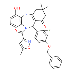 ChemSpider 2D Image | 11-[4-(Benzyloxy)-2-fluorophenyl]-6-hydroxy-3,3-dimethyl-10-[(5-methyl-1,2-oxazol-3-yl)carbonyl]-2,3,4,5,10,11-hexahydro-1H-dibenzo[b,e][1,4]diazepin-1-one | C33H30FN3O5