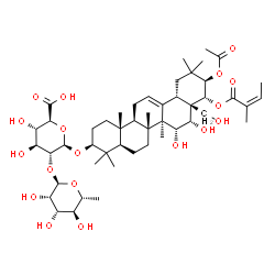 ChemSpider 2D Image | (3beta,15alpha,16alpha,21beta,22alpha)-21-Acetoxy-15,16,28-trihydroxy-22-{[(2Z)-2-methyl-2-butenoyl]oxy}olean-12-en-3-yl 2-O-(6-deoxy-alpha-D-mannopyranosyl)-beta-D-glucopyranosiduronic acid | C49H76O18