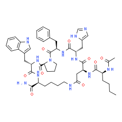 ChemSpider 2D Image | (3S,6S,14S,17S,20R,25aS)-14-[(N-Acetyl-L-norleucyl)amino]-20-benzyl-17-(1H-imidazol-4-ylmethyl)-3-(1H-indol-3-ylmethyl)-1,4,12,15,18,21-hexaoxotetracosahydro-1H-pyrrolo[2,1-f][1,4,7,10,13,18]hexaazacy
clotricosine-6-carboxamide | C49H64N12O9