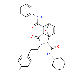 ChemSpider 2D Image | N~2~-Cyclohexyl-3-[2-(4-methoxyphenyl)ethyl]-7-methyl-4-oxo-N~6~-phenyl-10-oxa-3-azatricyclo[5.2.1.0~1,5~]dec-8-ene-2,6-dicarboxamide | C32H37N3O5