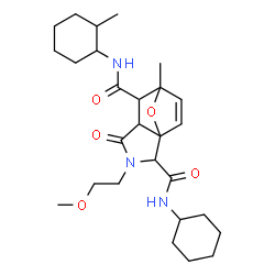 ChemSpider 2D Image | N~2~-Cyclohexyl-3-(2-methoxyethyl)-7-methyl-N~6~-(2-methylcyclohexyl)-4-oxo-10-oxa-3-azatricyclo[5.2.1.0~1,5~]dec-8-ene-2,6-dicarboxamide | C27H41N3O5
