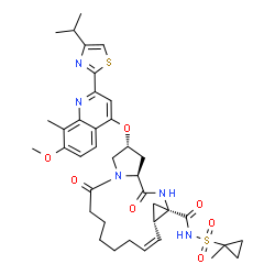 ChemSpider 2D Image | (2R,11Z,12aS,13aR,15aS)-2-{[2-(4-Isopropyl-1,3-thiazol-2-yl)-7-methoxy-8-methyl-4-quinolinyl]oxy}-N-[(1-methylcyclopropyl)sulfonyl]-5,15-dioxo-1,2,3,5,6,7,8,9,10,12a,13,14,15,15a-tetradecahydro-13aH-c
yclopropa[e]pyrrolo[1,2-a][1,4]diazacyclotetradecine-13a-carboxamide | C38H47N5O7S2