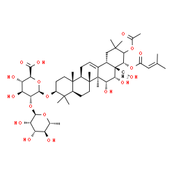 ChemSpider 2D Image | (3beta,15alpha,16alpha,22alpha)-21-Acetoxy-15,16,28-trihydroxy-22-[(3-methyl-2-butenoyl)oxy]olean-12-en-3-yl 2-O-(6-deoxy-alpha-D-mannopyranosyl)-beta-D-glucopyranosiduronic acid | C49H76O18