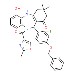 ChemSpider 2D Image | 11-[4-(Benzyloxy)-2-fluorophenyl]-6-hydroxy-3,3-dimethyl-10-[(2-methyl-1,3-oxazol-4-yl)carbonyl]-2,3,4,5,10,11-hexahydro-1H-dibenzo[b,e][1,4]diazepin-1-one | C33H30FN3O5