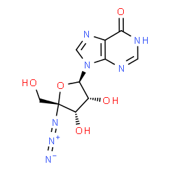 ChemSpider 2D Image | 9-[(2R,3R,4S,5R)-5-Azido-3,4-dihydroxy-5-(hydroxymethyl)tetrahydro-2-furanyl]-1,9-dihydro-6H-purin-6-one | C10H11N7O5