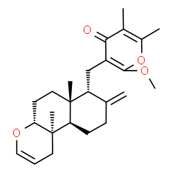 ChemSpider 2D Image | 3-{[(4aR,6aR,7R,10aR,10bR)-6a,10b-Dimethyl-8-methylene-4a,5,6,6a,7,8,9,10,10a,10b-decahydro-1H-benzo[f]chromen-7-yl]methyl}-2-methoxy-5,6-dimethyl-4H-pyran-4-one | C25H34O4