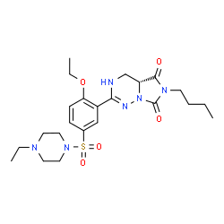 ChemSpider 2D Image | (4aR)-6-Butyl-2-{2-ethoxy-5-[(4-ethyl-1-piperazinyl)sulfonyl]phenyl}-4,4a-dihydroimidazo[5,1-f][1,2,4]triazine-5,7(1H,6H)-dione | C23H34N6O5S