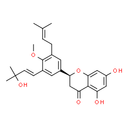 ChemSpider 2D Image | (2S)-5,7-Dihydroxy-2-{3-[(1E)-3-hydroxy-3-methyl-1-buten-1-yl]-4-methoxy-5-(3-methyl-2-buten-1-yl)phenyl}-2,3-dihydro-4H-chromen-4-one | C26H30O6