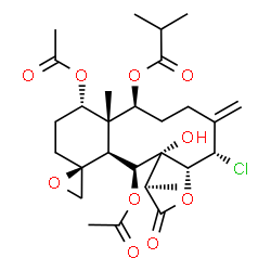 ChemSpider 2D Image | (1R,3aR,4S,8S,8aR,9S,12S,12aS,13S,13aR)-9,13-Diacetoxy-4-chloro-13a-hydroxy-1,8a-dimethyl-5-methylene-2-oxotetradecahydro-2H-spiro[benzo[4,5]cyclodeca[1,2-b]furan-12,2'-oxiran]-8-yl 2-methylpropanoate | C28H39ClO10