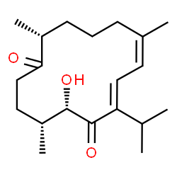 ChemSpider 2D Image | (4R,5S,7E,9Z,14R)-5-Hydroxy-7-isopropyl-4,10,14-trimethyl-7,9-cyclotetradecadiene-1,6-dione | C20H32O3