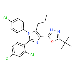 ChemSpider 2D Image | 2-[1-(4-Chlorophenyl)-2-(2,4-dichlorophenyl)-5-propyl-1H-imidazol-4-yl]-5-(2-methyl-2-propanyl)-1,3,4-oxadiazole | C24H23Cl3N4O