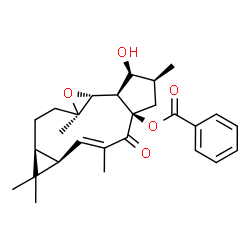 ChemSpider 2D Image | (1aR,1bR,2S,3S,4aR,6E,7aR,8aS,10aR)-2-Hydroxy-3,6,8,8,10a-pentamethyl-5-oxo-1a,1b,2,3,4,5,7a,8,8a,9,10,10a-dodecahydro-4aH-cyclopenta[10,11]cyclopropa[5,6]cycloundeca[1,2-b]oxiren-4a-yl benzoate | C27H34O5