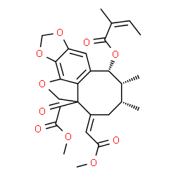 ChemSpider 2D Image | (3E,5R,6R,7R)-2a-[Methoxy(oxo)acetyl]-3-(2-methoxy-2-oxoethylidene)-5,6-dimethyl-2a,3,4,5,6,7-hexahydro-2H-1,9,11-trioxacycloocta[cd]-as-indacen-7-yl (2Z)-2-methyl-2-butenoate | C27H30O10