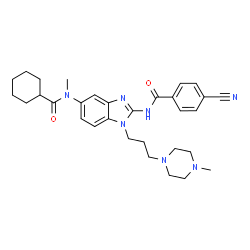 ChemSpider 2D Image | 4-Cyano-N-{5-[(cyclohexylcarbonyl)(methyl)amino]-1-[3-(4-methyl-1-piperazinyl)propyl]-1H-benzimidazol-2-yl}benzamide | C31H39N7O2