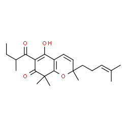 ChemSpider 2D Image | 5-Hydroxy-2,8,8-trimethyl-6-(2-methylbutanoyl)-2-(4-methyl-3-penten-1-yl)-2,8-dihydro-7H-chromen-7-one | C23H32O4
