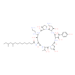ChemSpider 2D Image | N-{(2R,9S,11R,12R,14aS,15S,25aS)-12-[(2-Aminoethyl)amino]-20-[(1R)-3-amino-1-hydroxypropyl]-23-[(1S,2S)-1,2-dihydroxy-2-(4-hydroxyphenyl)ethyl]-2,11,15-trihydroxy-6-[(1R)-1-hydroxyethyl]-5,8,14,19,22,
25-hexaoxotetracosahydro-1H-dipyrrolo[2,1-c:2',1'-l][1,4,7,10,13,16]hexaazacyclohenicosin-9-yl}-10,12-dimethyltetradecanamide | C52H88N10O15