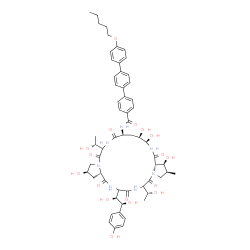 ChemSpider 2D Image | N-{(2R,9S,11R,12R,14aS,15S,16S,25aS)-23-[(1S,2S)-1,2-Dihydroxy-2-(4-hydroxyphenyl)ethyl]-2,11,12,15-tetrahydroxy-6,20-bis[(1R)-1-hydroxyethyl]-16-methyl-5,8,14,19,22,25-hexaoxotetracosahydro-1H-dipyrr
olo[2,1-c:2',1'-l][1,4,7,10,13,16]hexaazacyclohenicosin-9-yl}-4''-(pentyloxy)-1,1':4',1''-terphenyl-4-carboxamide | C58H73N7O17