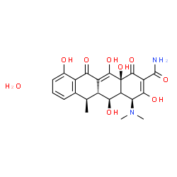 ChemSpider 2D Image | (4S,5S,5aR,6R,12aS)-4-(Dimethylamino)-3,5,10,12,12a-pentahydroxy-6-methyl-1,11-dioxo-1,4,4a,5,5a,6,11,12a-octahydro-2-tetracenecarboxamide hydrate (1:1) | C22H26N2O9