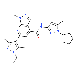 ChemSpider 2D Image | N-(1-Cyclopentyl-5-methyl-1H-pyrazol-3-yl)-6-(1-ethyl-3,5-dimethyl-1H-pyrazol-4-yl)-1-methyl-1H-pyrazolo[3,4-b]pyridine-4-carboxamide | C24H30N8O