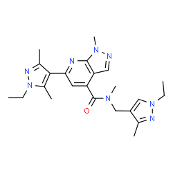 ChemSpider 2D Image | 6-(1-Ethyl-3,5-dimethyl-1H-pyrazol-4-yl)-N-[(1-ethyl-3-methyl-1H-pyrazol-4-yl)methyl]-N,1-dimethyl-1H-pyrazolo[3,4-b]pyridine-4-carboxamide | C23H30N8O