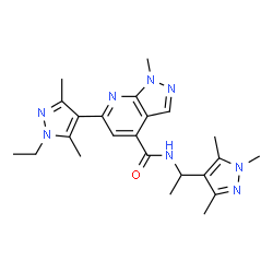 ChemSpider 2D Image | 6-(1-Ethyl-3,5-dimethyl-1H-pyrazol-4-yl)-1-methyl-N-[1-(1,3,5-trimethyl-1H-pyrazol-4-yl)ethyl]-1H-pyrazolo[3,4-b]pyridine-4-carboxamide | C23H30N8O