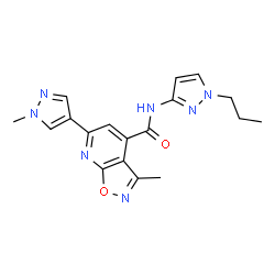 ChemSpider 2D Image | 3-Methyl-6-(1-methyl-1H-pyrazol-4-yl)-N-(1-propyl-1H-pyrazol-3-yl)[1,2]oxazolo[5,4-b]pyridine-4-carboxamide | C18H19N7O2