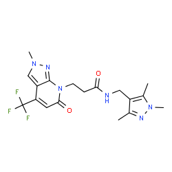 ChemSpider 2D Image | 3-[2-Methyl-6-oxo-4-(trifluoromethyl)-2,6-dihydro-7H-pyrazolo[3,4-b]pyridin-7-yl]-N-[(1,3,5-trimethyl-1H-pyrazol-4-yl)methyl]propanamide | C18H21F3N6O2