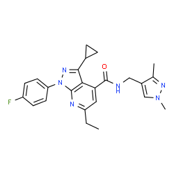 ChemSpider 2D Image | 3-Cyclopropyl-N-[(1,3-dimethyl-1H-pyrazol-4-yl)methyl]-6-ethyl-1-(4-fluorophenyl)-1H-pyrazolo[3,4-b]pyridine-4-carboxamide | C24H25FN6O