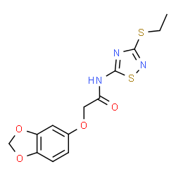 ChemSpider 2D Image | 2-(1,3-Benzodioxol-5-yloxy)-N-[3-(ethylsulfanyl)-1,2,4-thiadiazol-5-yl]acetamide | C13H13N3O4S2