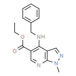 ChemSpider 2D Image | Ethyl 4-(benzylamino)-1-methyl-1H-pyrazolo[3,4-b]pyridine-5-carboxylate | C17H18N4O2