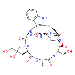 ChemSpider 2D Image | (1R,14S,18S,20S,23R,28R,31S,34R)-28-(2,3-Dihydroxy-2-methylpropyl)-18-hydroxy-34-(1-hydroxyethyl)-23,31-dimethyl-12-thia-10,16,22,25,27,30,33,36-octaazapentacyclo[12.11.11.0~3,11~.0~4,9~.0~16,20~]hexa
triaconta-3(11),4,6,8-tetraene-15,21,24,26,29,32,35-heptone | C35H48N8O11S