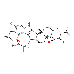 ChemSpider 2D Image | (2R,3R,3aR,4aS,4bR,6aR,7S,7dR,8R,9aR,14bS,14cS,16aS)-12-Chloro-2-isopropenyl-14b,14c,17,17-tetramethyl-10-methylene-3,3a,6,6a,7,8,9,9a,10,11,14,14b,14c,15,16,16a-hexadecahydro-2H,4bH-7,8-(epoxymethano
)cyclobuta[5,6]benzo[1,2-e]oxireno[4',4a']chromeno[5',6':6,7]indeno[1,2-b]indole-3,4b,7d(5H)-triol | C37H44ClNO6