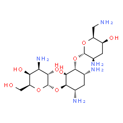 ChemSpider 2D Image | (1R,2S,3R,4R,6S)-4,6-Diamino-3-[(2,6-diamino-2,3,6-trideoxy-alpha-L-xylo-hexopyranosyl)oxy]-2-hydroxycyclohexyl 3-amino-3-deoxy-alpha-L-galactopyranoside | C18H37N5O9