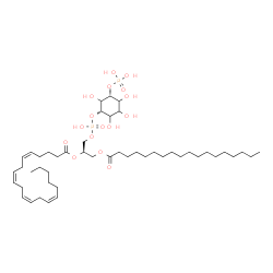 ChemSpider 2D Image | (2R)-1-[(Hydroxy{[(1S,5R)-2,3,4,6-tetrahydroxy-5-(phosphonooxy)cyclohexyl]oxy}phosphoryl)oxy]-3-(stearoyloxy)-2-propanyl (5Z,8Z,11Z,14Z)-5,8,11,14-icosatetraenoate | C47H84O16P2