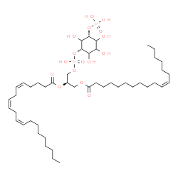 ChemSpider 2D Image | (2R)-1-[(Hydroxy{[(1S,5R)-2,3,4,6-tetrahydroxy-5-(phosphonooxy)cyclohexyl]oxy}phosphoryl)oxy]-3-[(11Z)-11-octadecenoyloxy]-2-propanyl (5Z,8Z,11Z)-5,8,11-icosatrienoate | C47H84O16P2