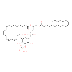 ChemSpider 2D Image | (2R)-1-[(Hydroxy{[(1S,5R)-2,3,4,6-tetrahydroxy-5-(phosphonooxy)cyclohexyl]oxy}phosphoryl)oxy]-3-[(11Z)-11-octadecenoyloxy]-2-propanyl (8Z,11Z,14Z,17Z)-8,11,14,17-icosatetraenoate | C47H82O16P2